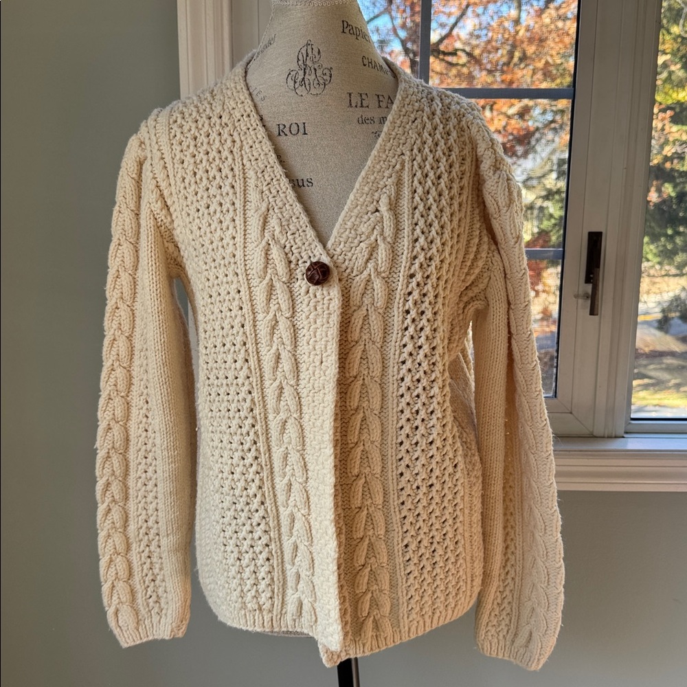 Vintage hand knit acrylic fisherman‎ Irish sweater leather buttons EVC size M/L - Picture 6 of 8